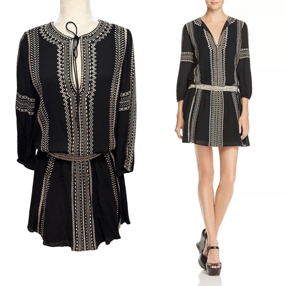 Alice + Olivia Womens L Embroidered Mini Dress Boho Split‎ Tie Neck Long Sleeve